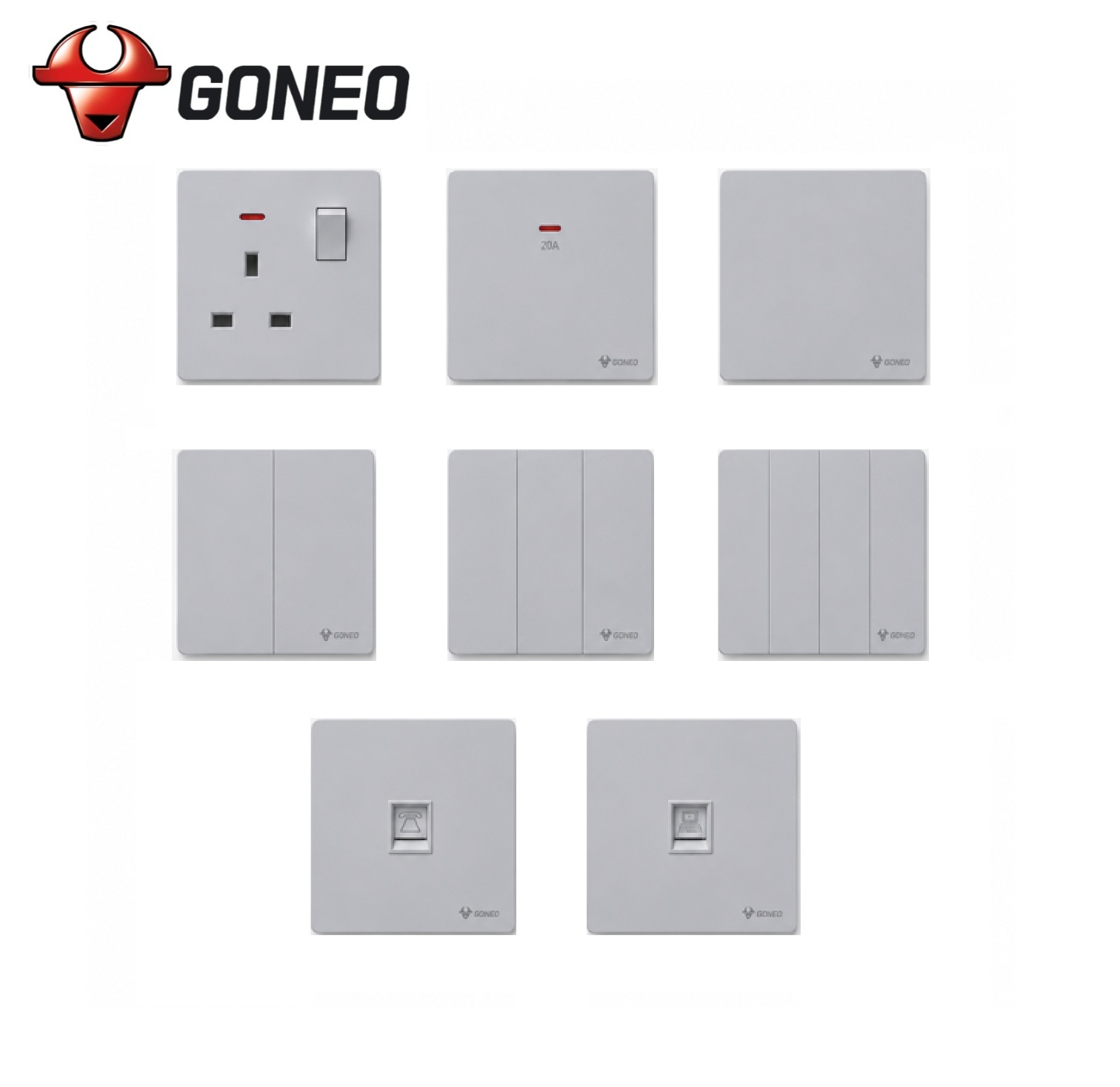 GREY WITH LOGO GONEO Premium Switch & Socket Series ( Grey ) - Image 1