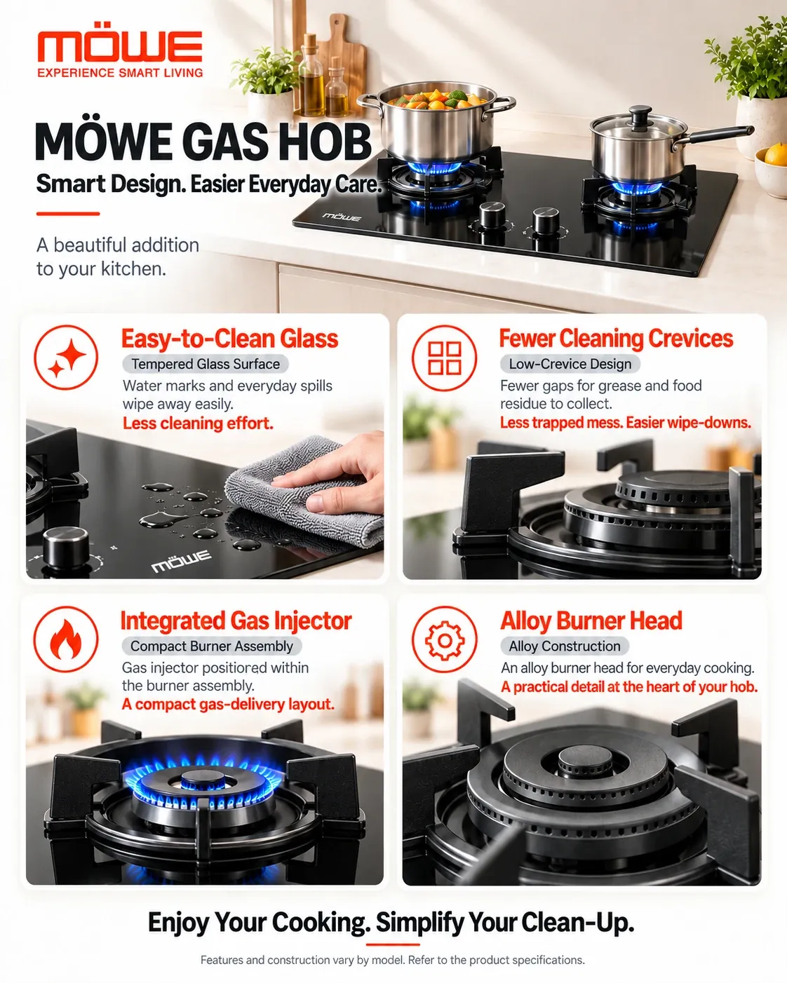 MOWE gas hob: tempered glass surface, low-crevice design, integrated gas injector, alloy burner head