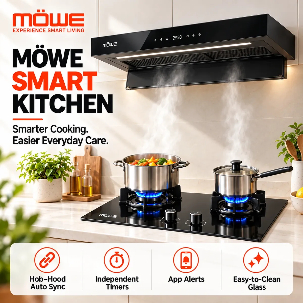 MOWE smart kitchen with smart gas hob and hood: hob-hood auto sync, timers, app alerts, easy-to-clean glass
