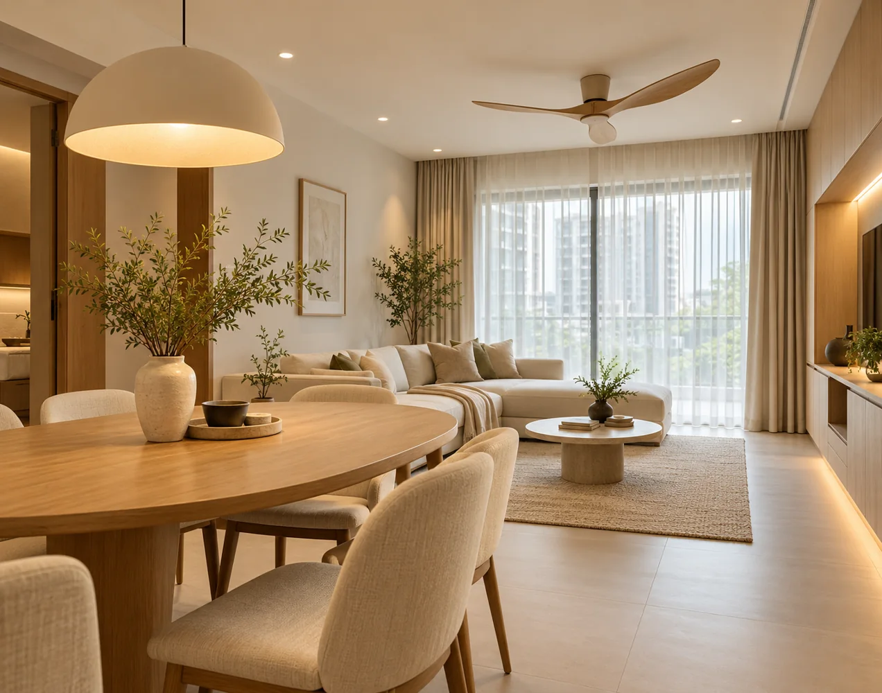 Warm apartment interior with pendant lighting and a ceiling fan