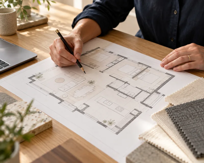 Hands reviewing a floor plan