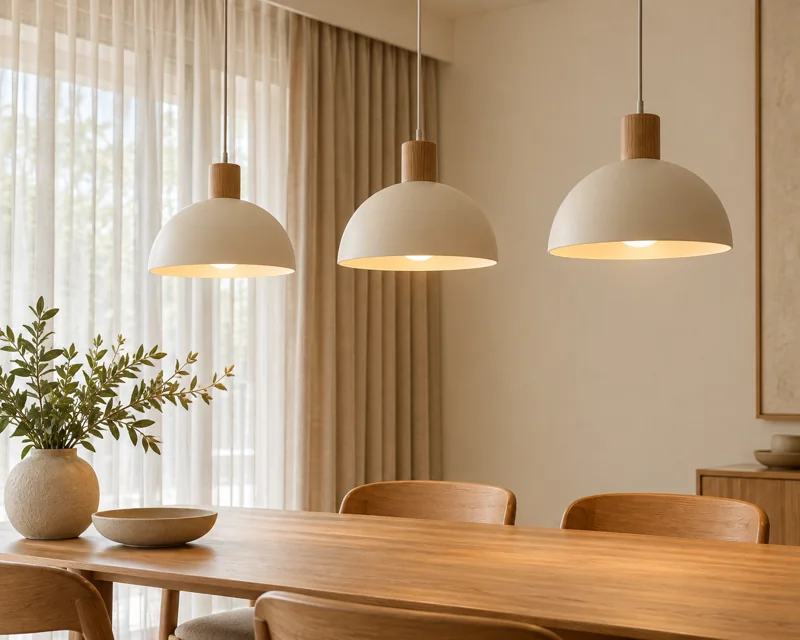 Pendant lights above a dining table