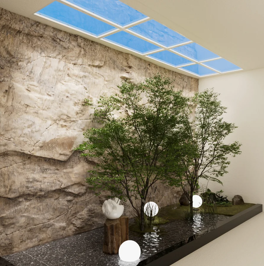 Skylight product gallery showing blue sky lighting above a planted interior