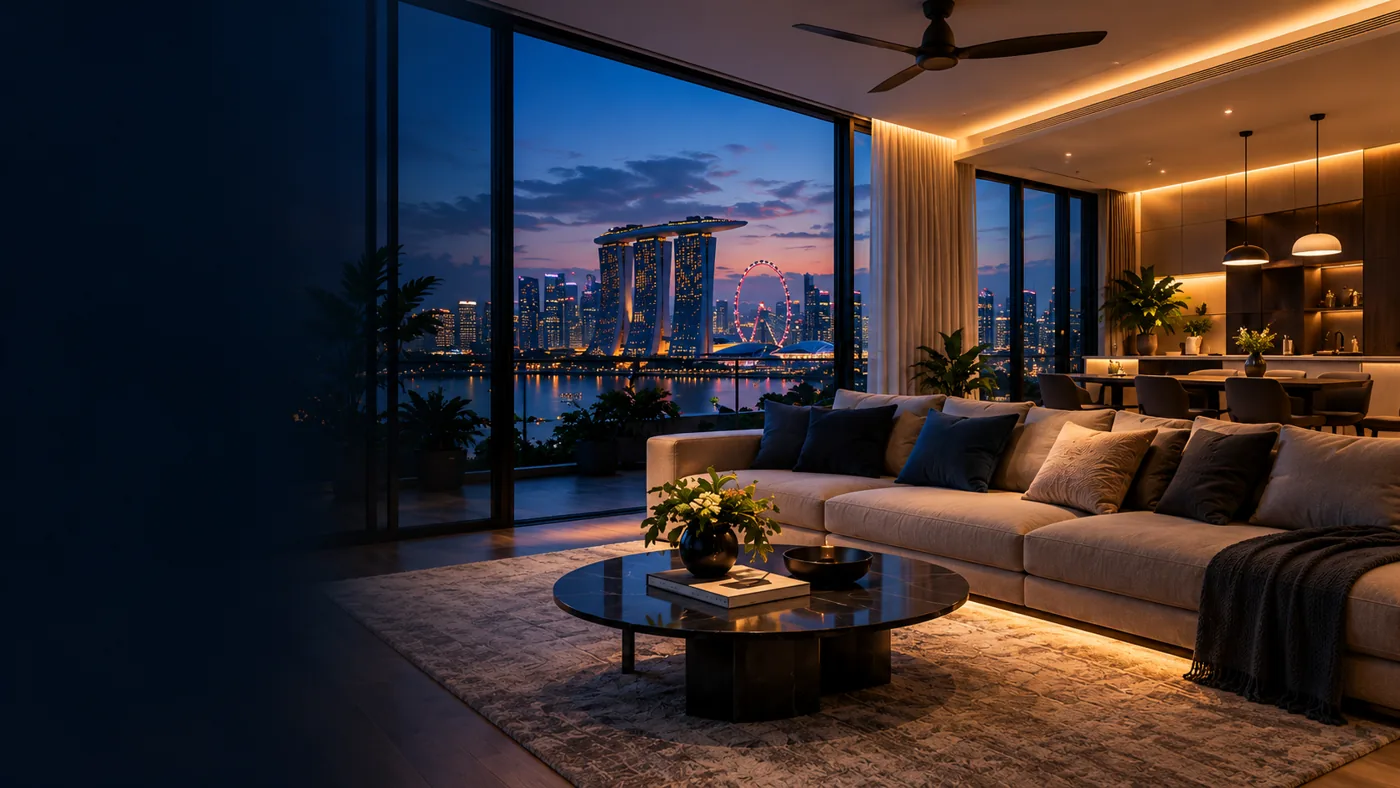 Contemporary living room with warm architectural lighting at dusk