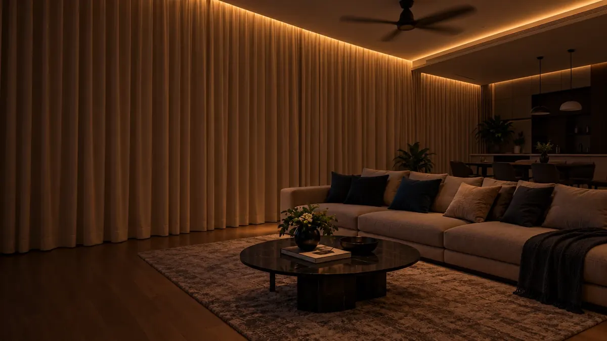 Illustrative living room with full-height curtains and warm architectural lighting